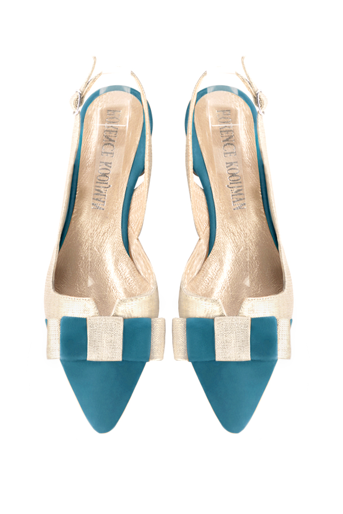 Women's peacock blue and gold elegant slingback heels, with a bow on the front. Tapered toe. Low flare heels - Top view